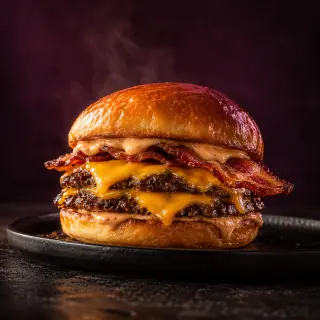 Duplo burger com cheddar derretido e bacon crocante, imagem criada com IA